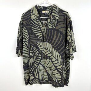 Tommy Bahama Gray Green Silk Shirt Palm Leaf Print Tropical Short Sleeve XL